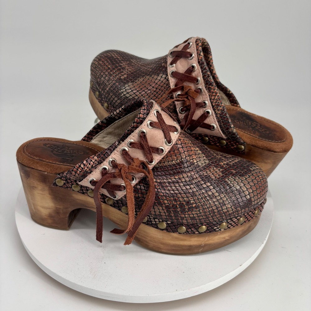 Freebird Woodstock Clogs Womens 8 Brown Snakeskin Leather Wood Platform Boho
